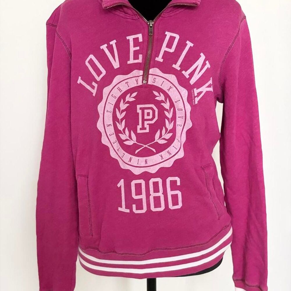 Victoria's Secret PINK burgundy quarter zip sweatshirt with white stripes on sle